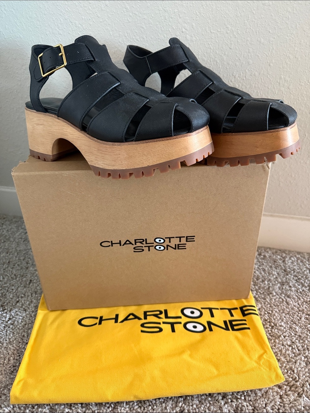 Charlotte Stone Black Fisherman Platform Sandal Size 8 NWT